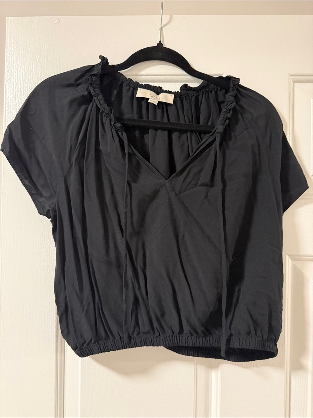 LOFT Black Short Sleeve Peasant Blouse with Tie Detail